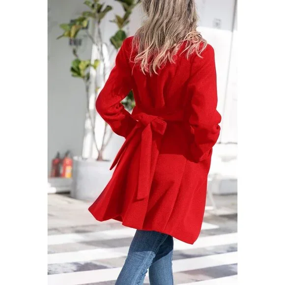 💫 Women Red Notch Lapel Trench Coats Dress Belted Fall Winter